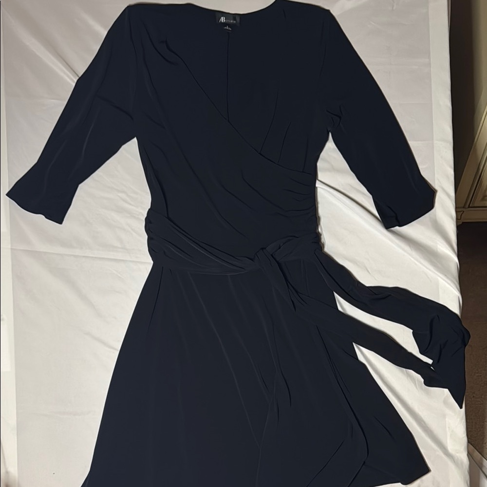 AB Studio Classic Black 3/4 Sleeve Faux Wrap Dress